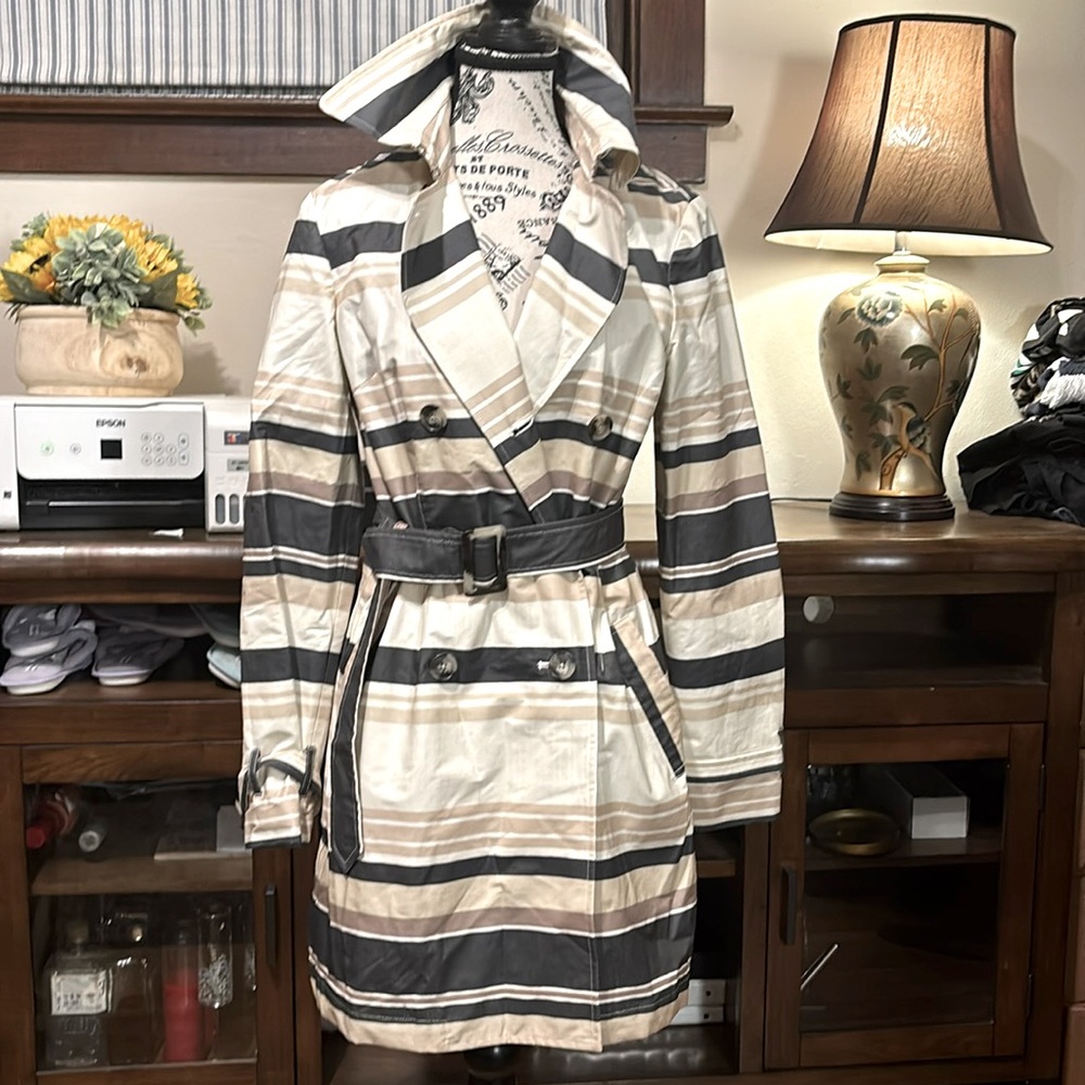 PERUVIAN CONNECTION Trench Rain Coat Jacket 8 WAXED Cotton Striped Career Beige